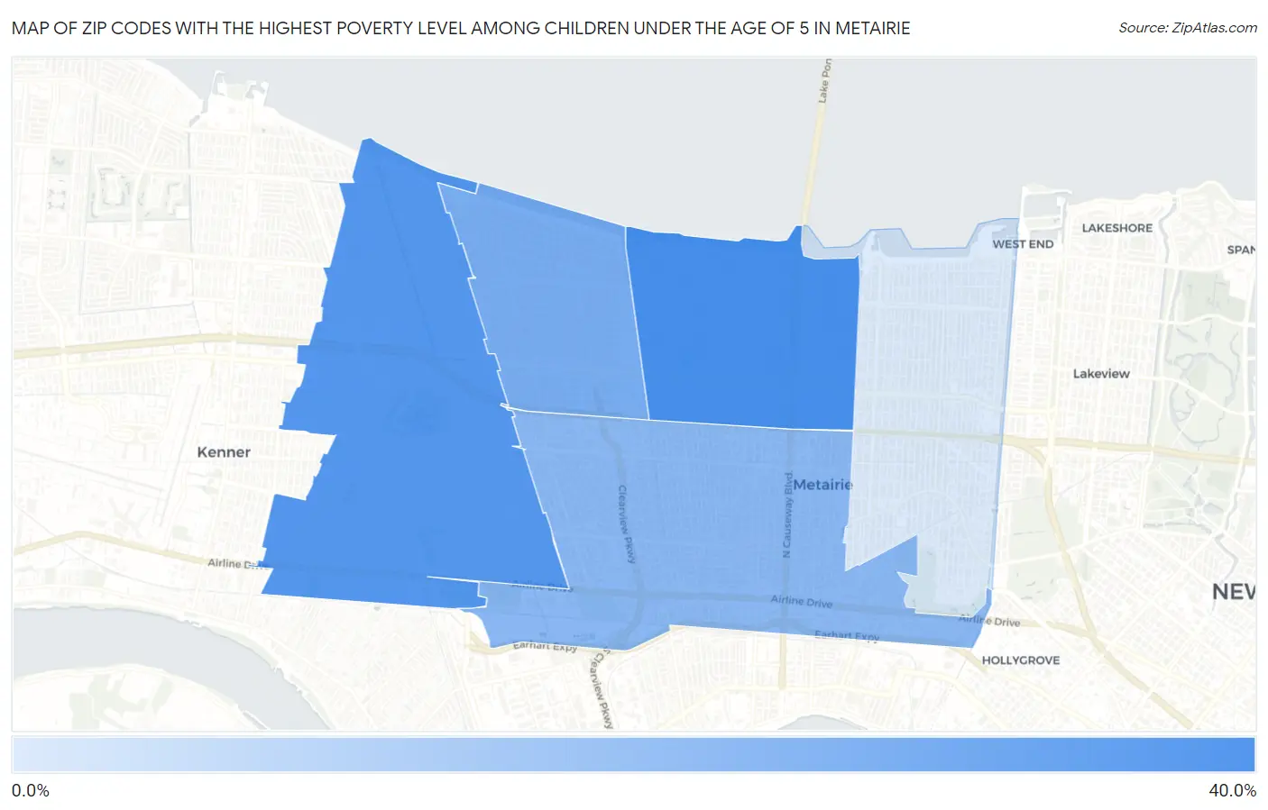Zip Codes with the Highest Poverty Level Among Children Under the Age of 5 in Metairie Map