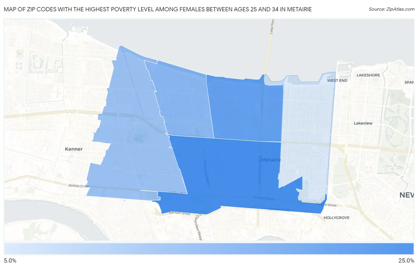Zip Codes with the Highest Poverty Level Among Females Between Ages 25 and 34 in Metairie Map