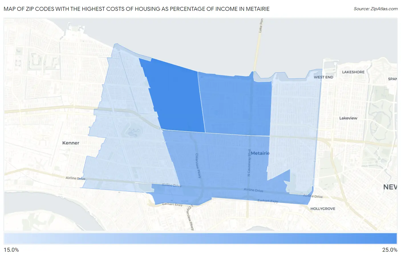Zip Codes with the Highest Costs of Housing as Percentage of Income in Metairie Map