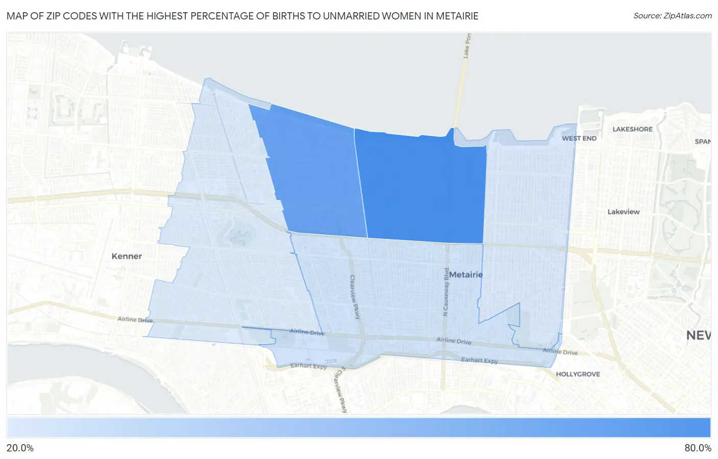 Zip Codes with the Highest Percentage of Births to Unmarried Women in Metairie Map