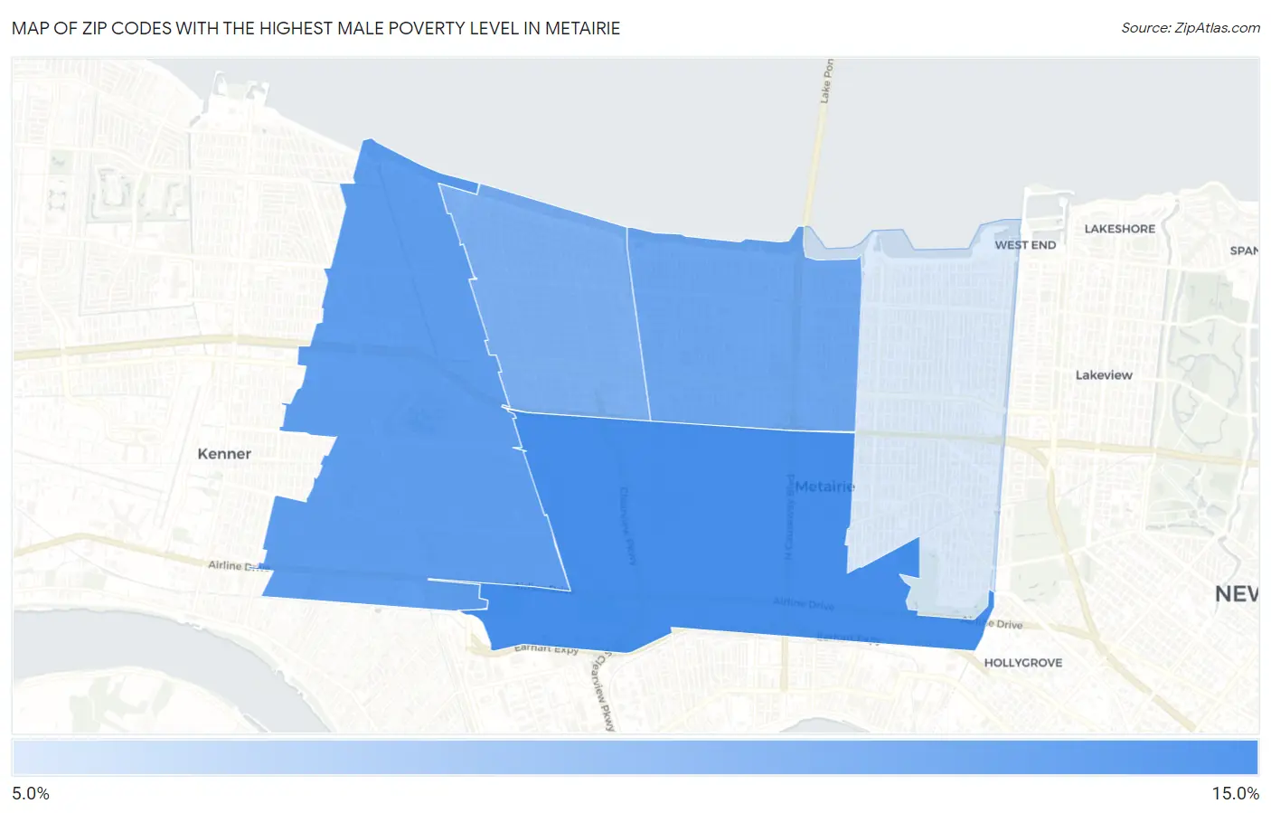 Zip Codes with the Highest Male Poverty Level in Metairie Map