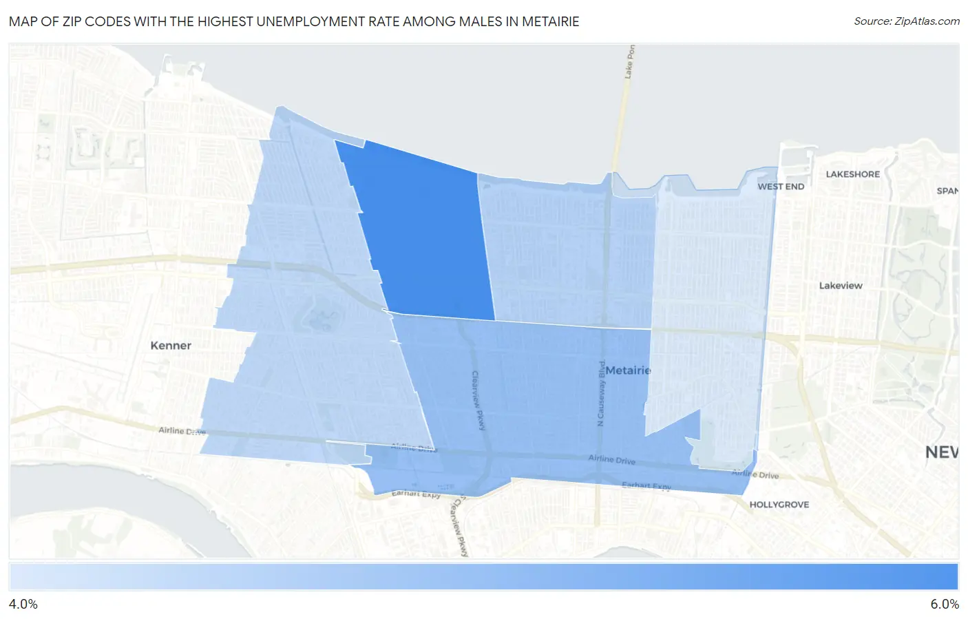 Zip Codes with the Highest Unemployment Rate Among Males in Metairie Map