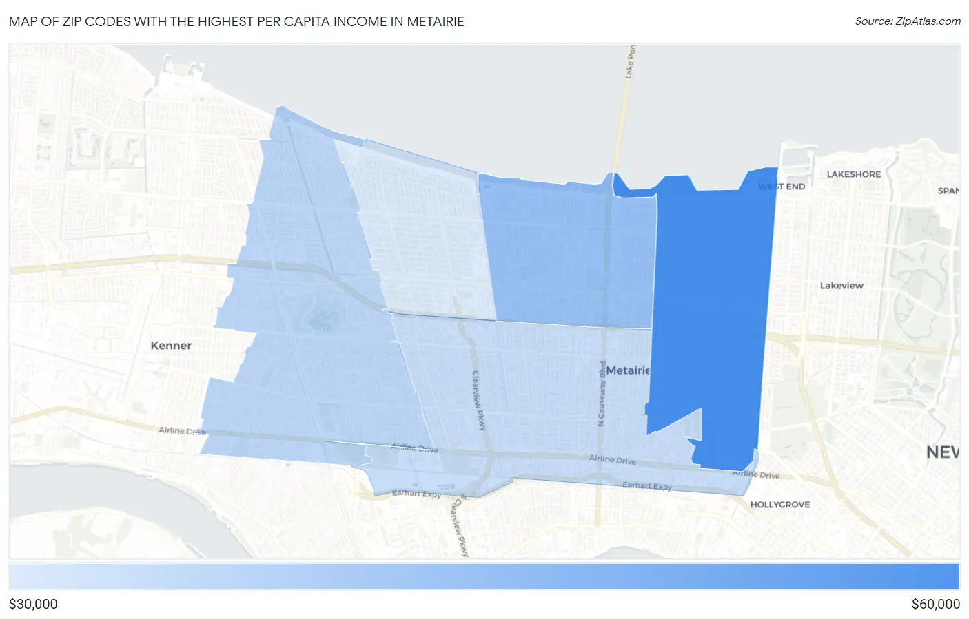 Zip Codes with the Highest Per Capita Income in Metairie Map