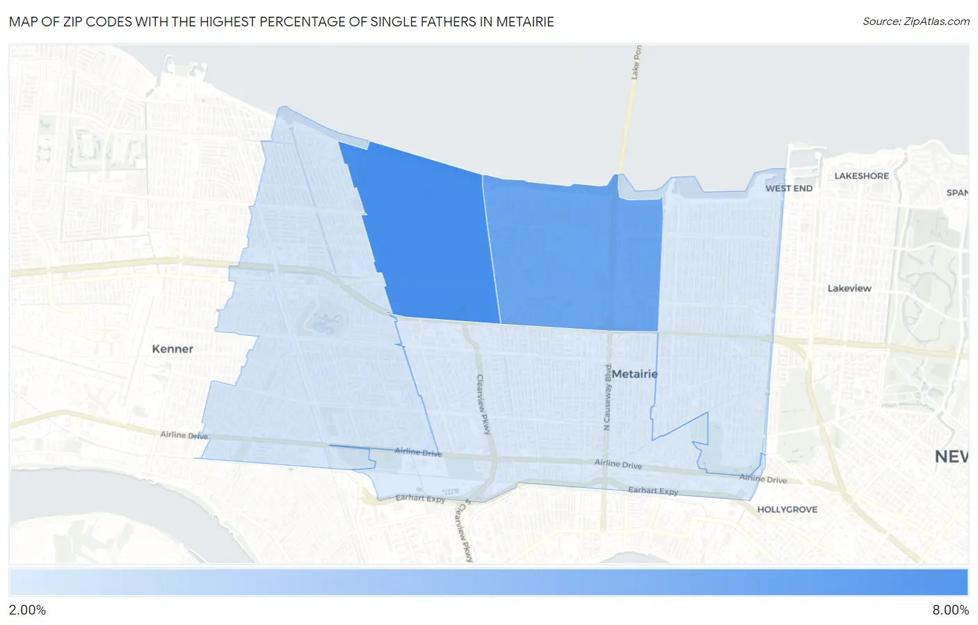 Zip Codes with the Highest Percentage of Single Fathers in Metairie Map