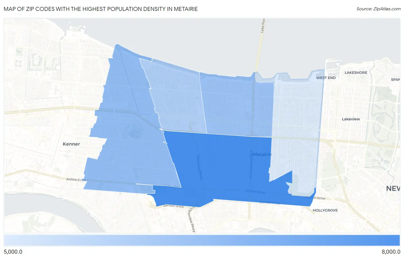 Zip Codes with the Highest Population Density in Metairie Map