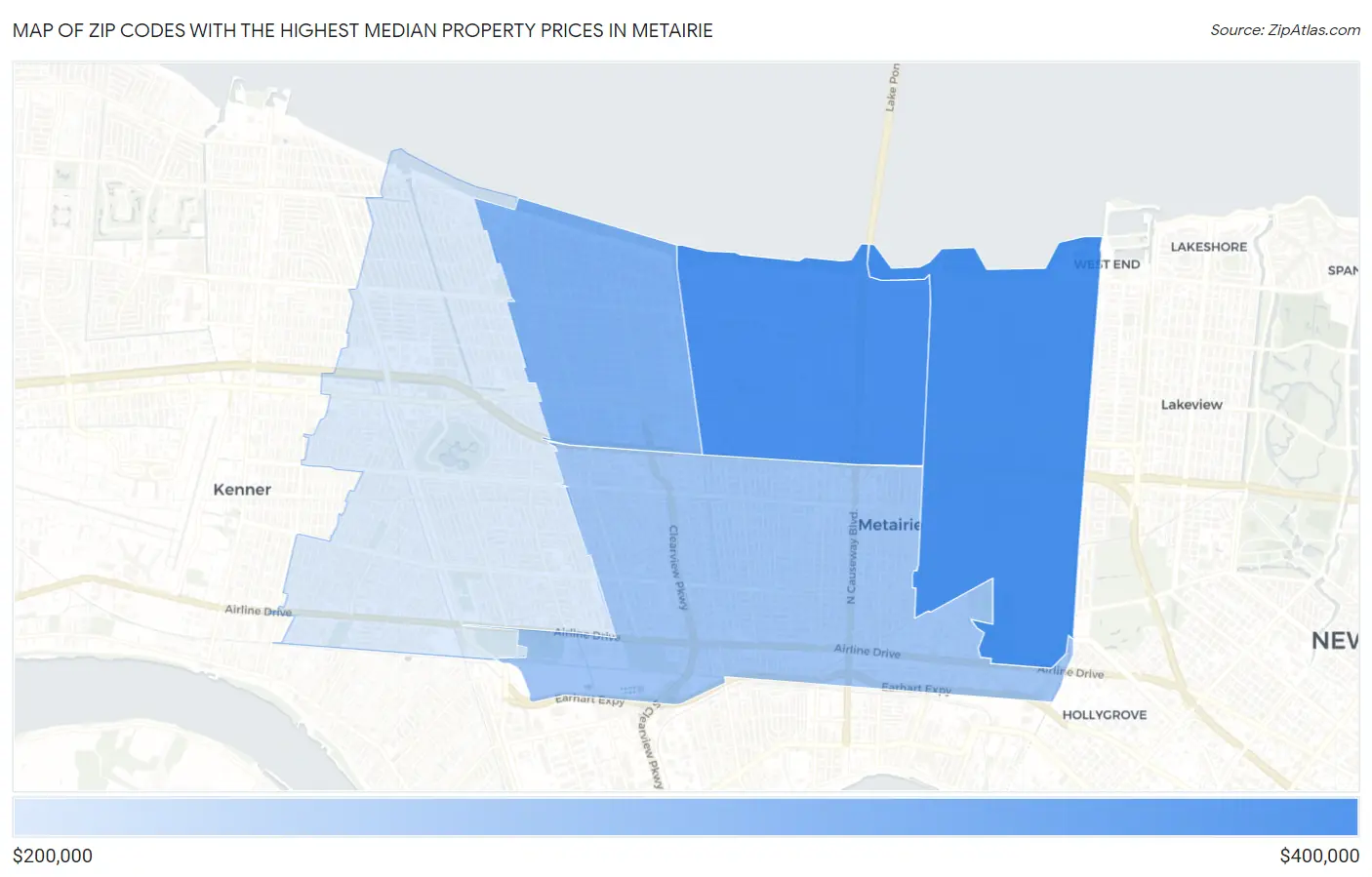 Zip Codes with the Highest Median Property Prices in Metairie Map