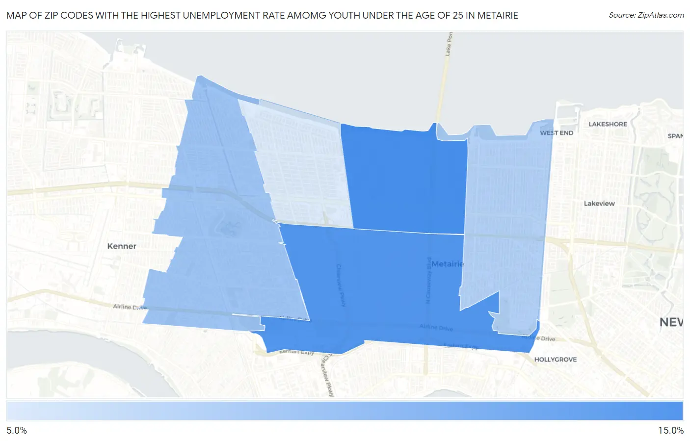 Zip Codes with the Highest Unemployment Rate Amomg Youth Under the Age of 25 in Metairie Map