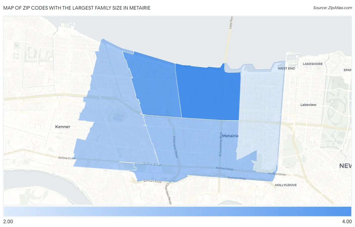Zip Codes with the Largest Family Size in Metairie Map