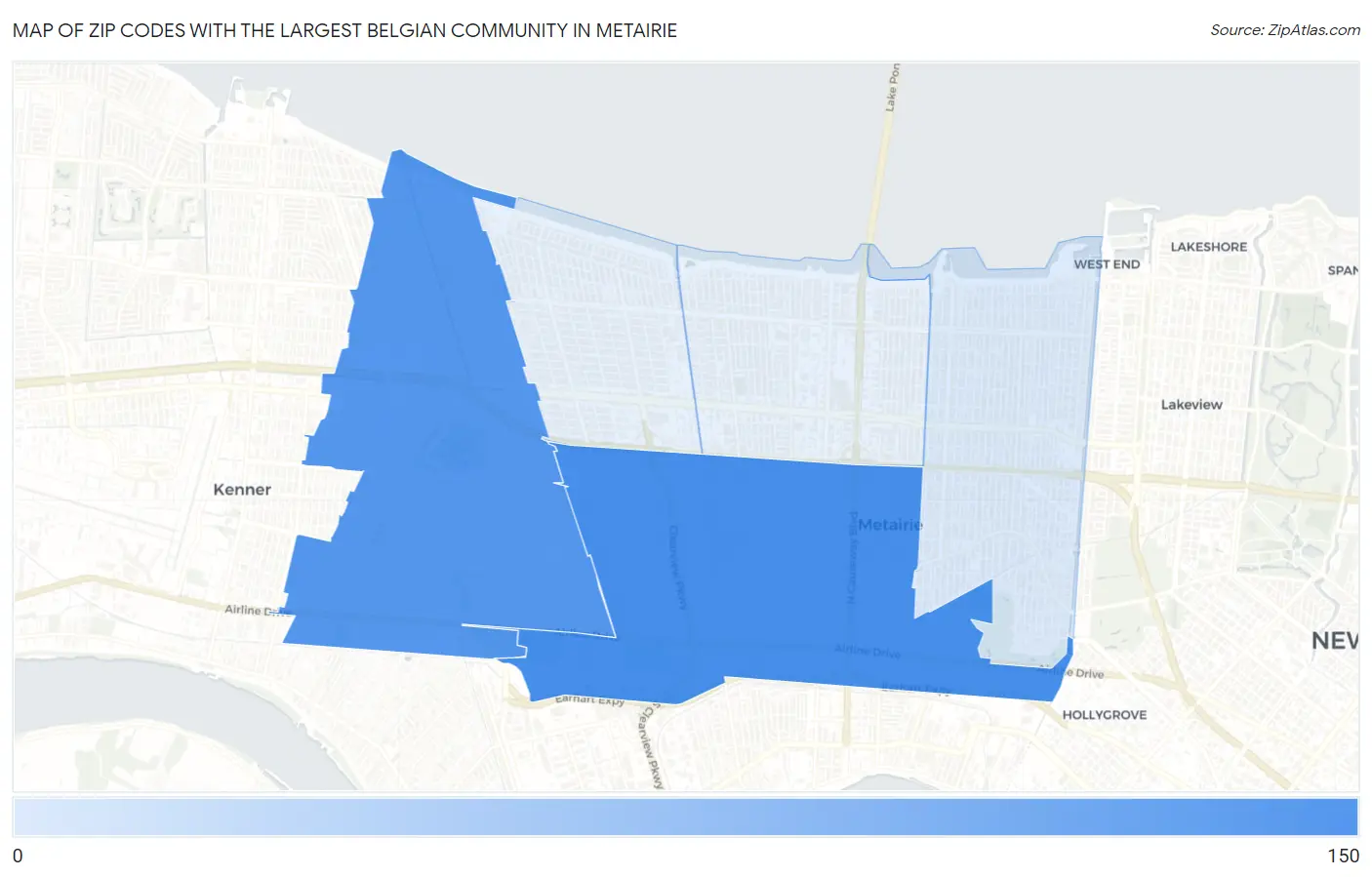 Zip Codes with the Largest Belgian Community in Metairie Map