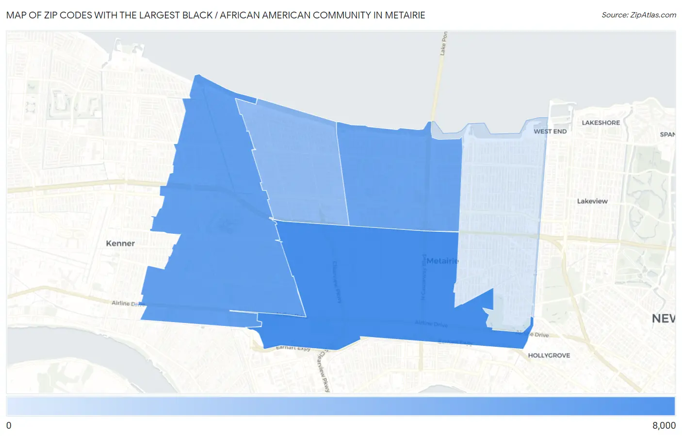 Zip Codes with the Largest Black / African American Community in Metairie Map