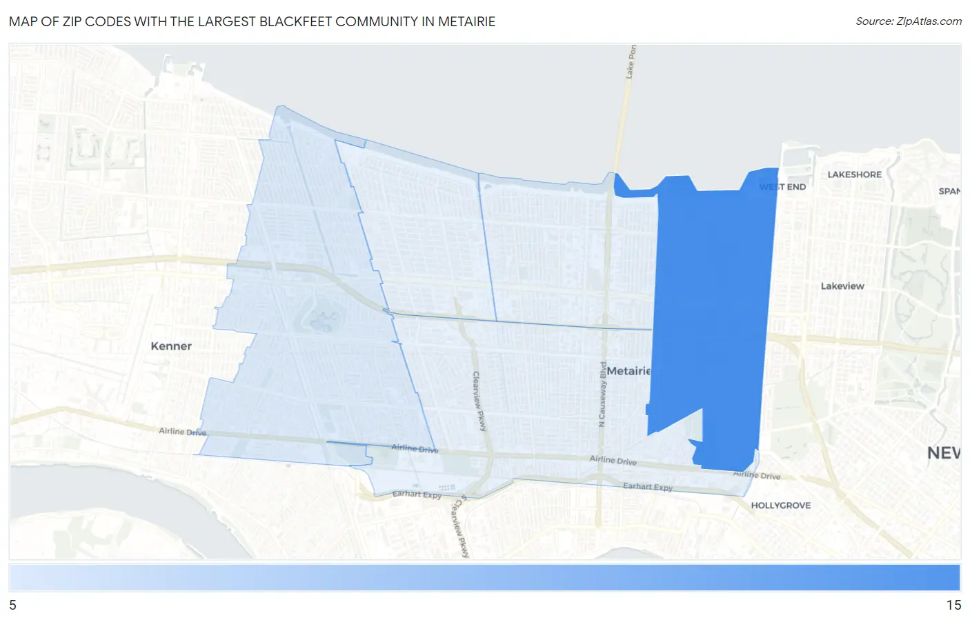 Zip Codes with the Largest Blackfeet Community in Metairie Map