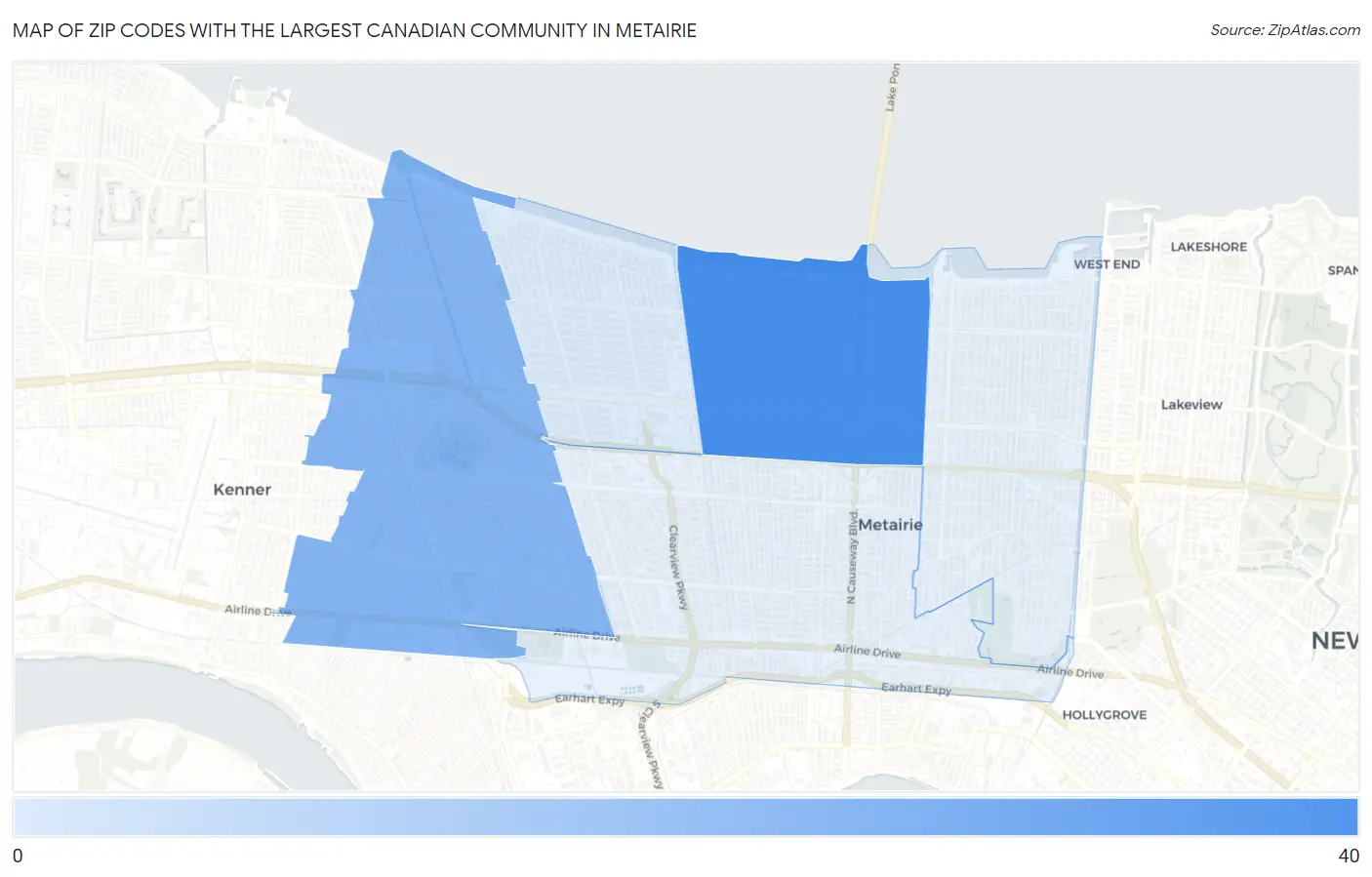 Zip Codes with the Largest Canadian Community in Metairie Map