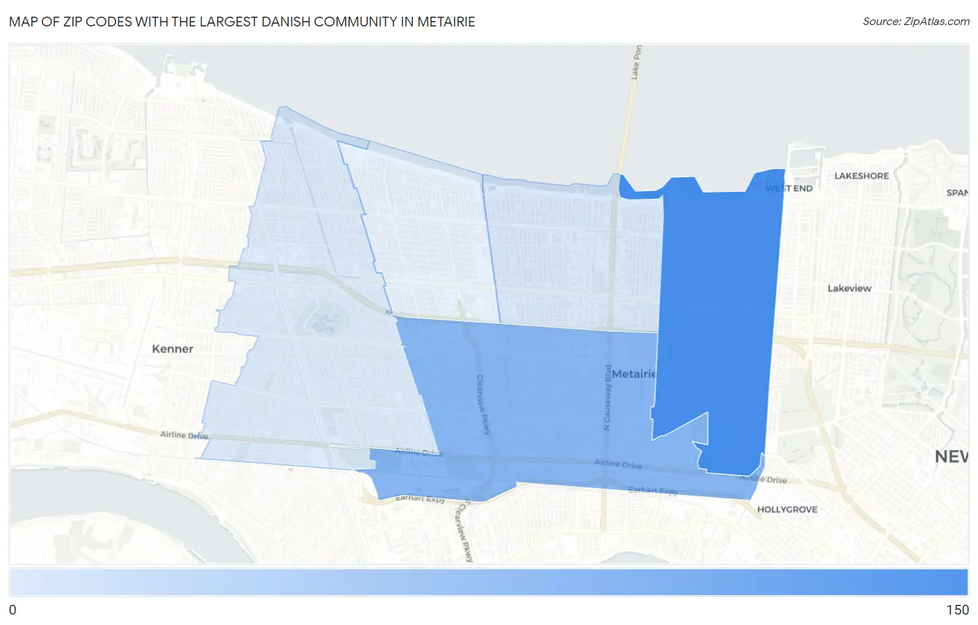 Zip Codes with the Largest Danish Community in Metairie Map