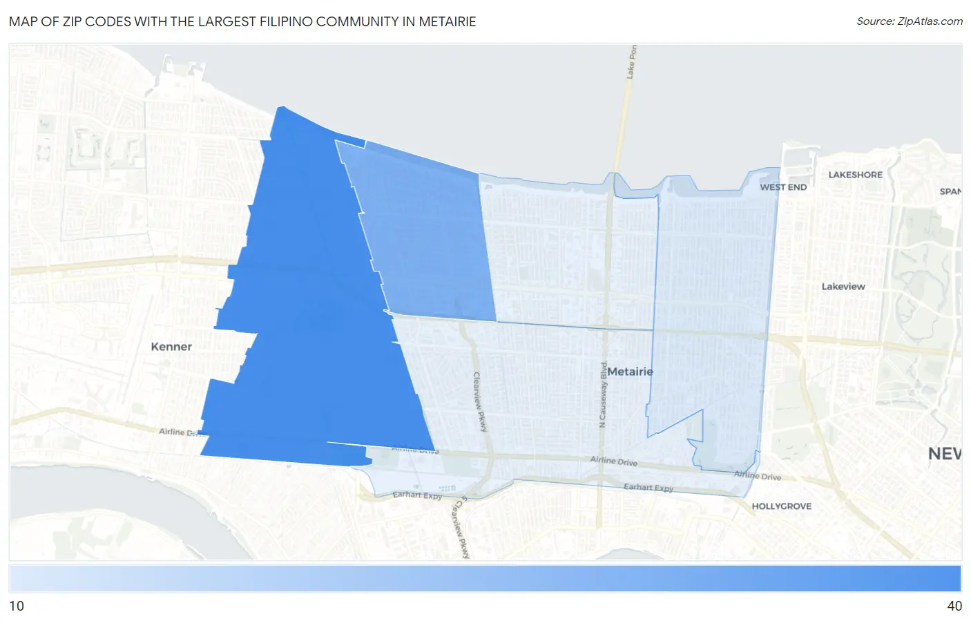 Zip Codes with the Largest Filipino Community in Metairie Map