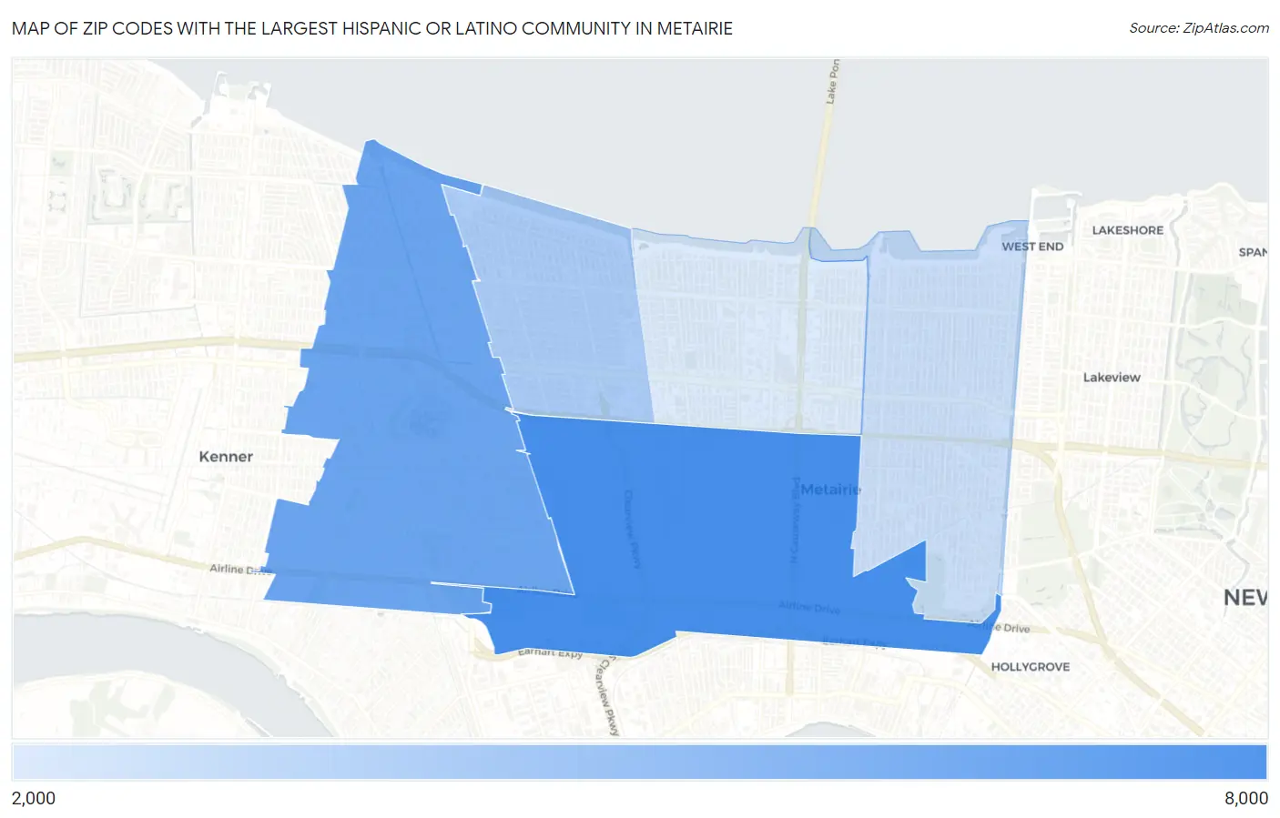 Zip Codes with the Largest Hispanic or Latino Community in Metairie Map