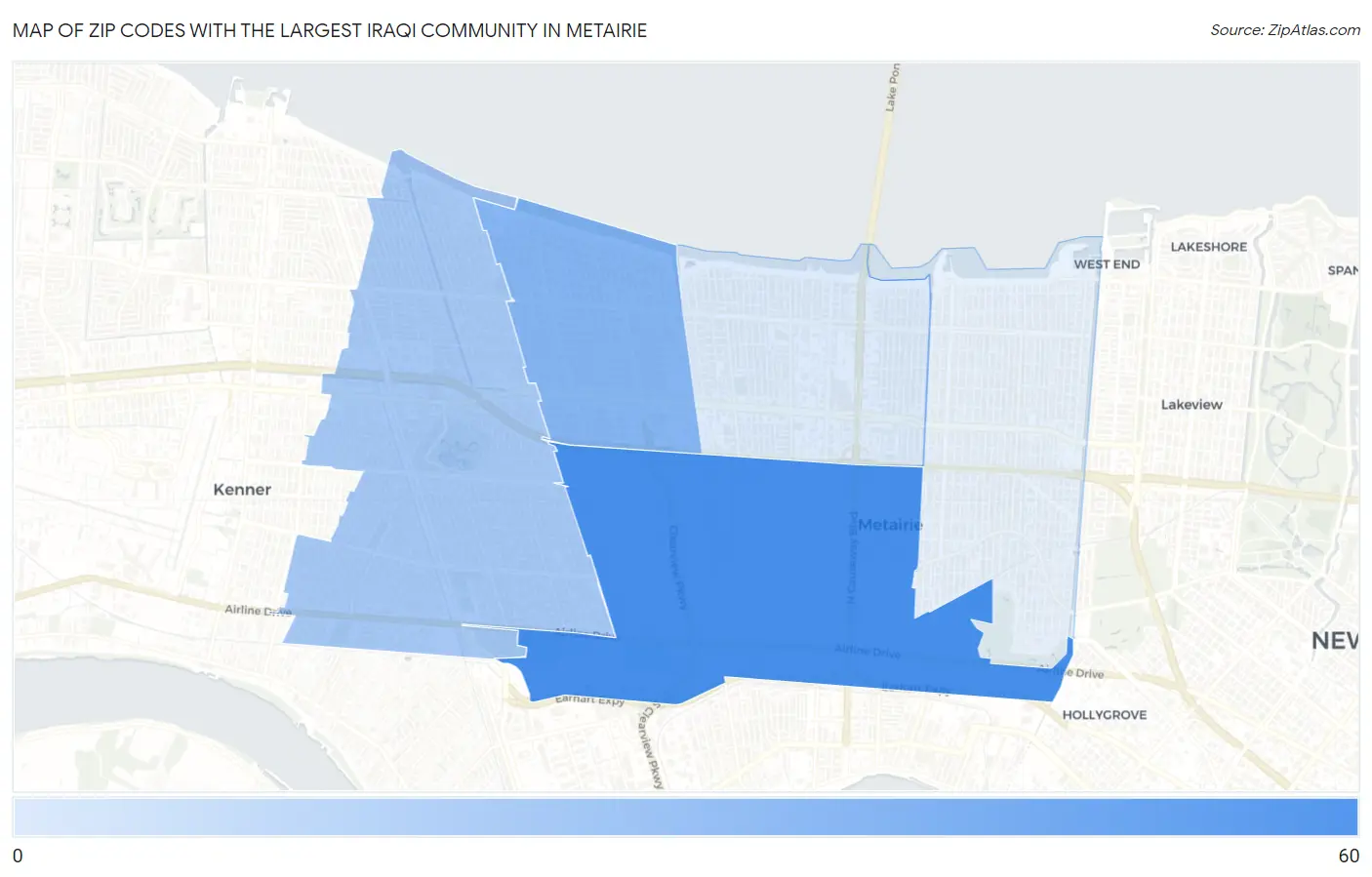 Zip Codes with the Largest Iraqi Community in Metairie Map