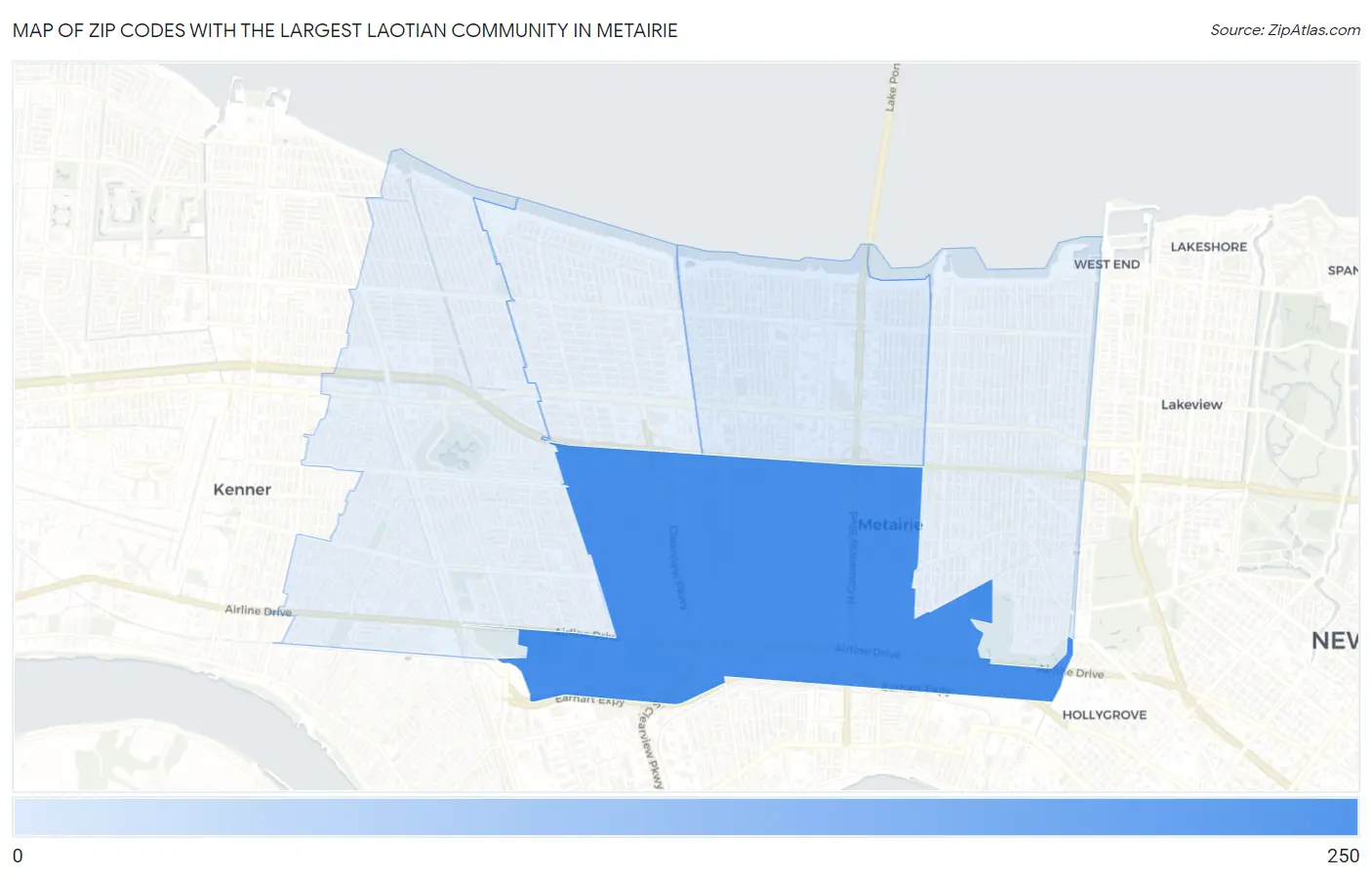Zip Codes with the Largest Laotian Community in Metairie Map