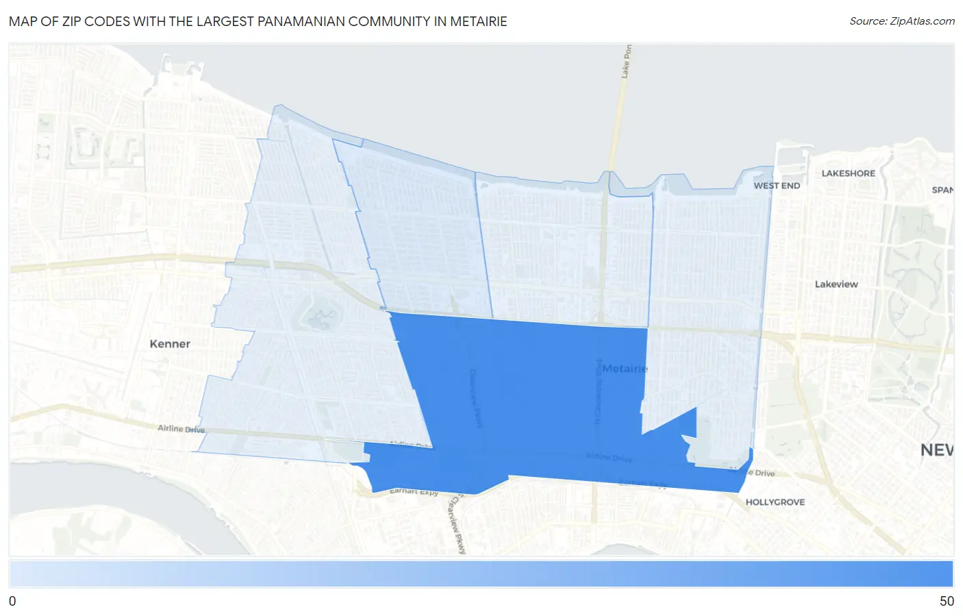 Zip Codes with the Largest Panamanian Community in Metairie Map