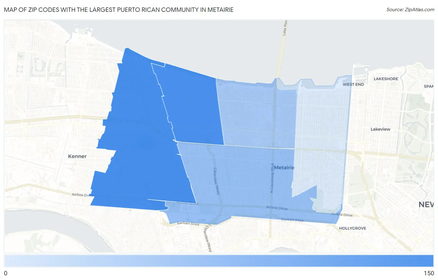 Zip Codes with the Largest Puerto Rican Community in Metairie Map