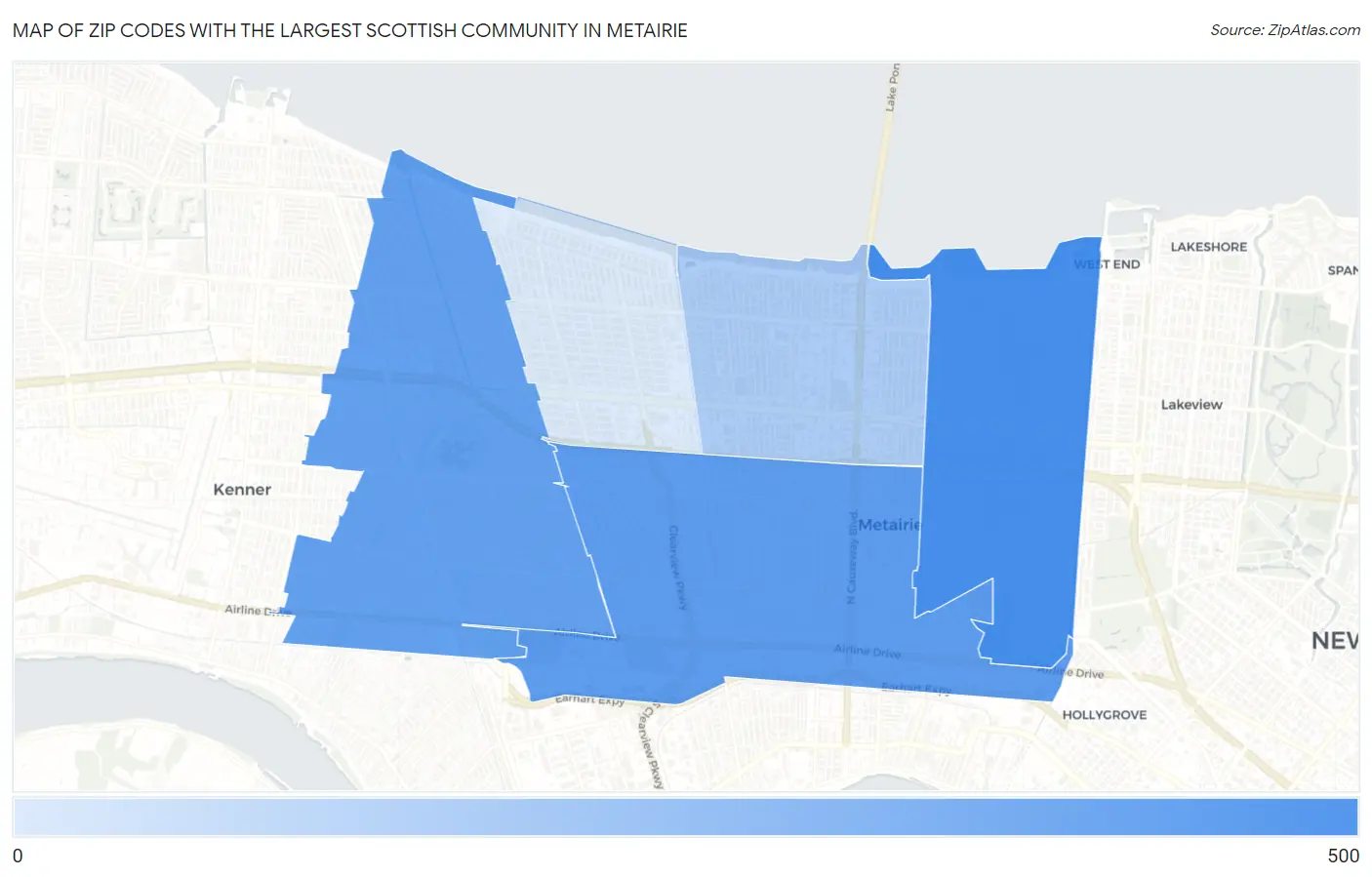 Zip Codes with the Largest Scottish Community in Metairie Map