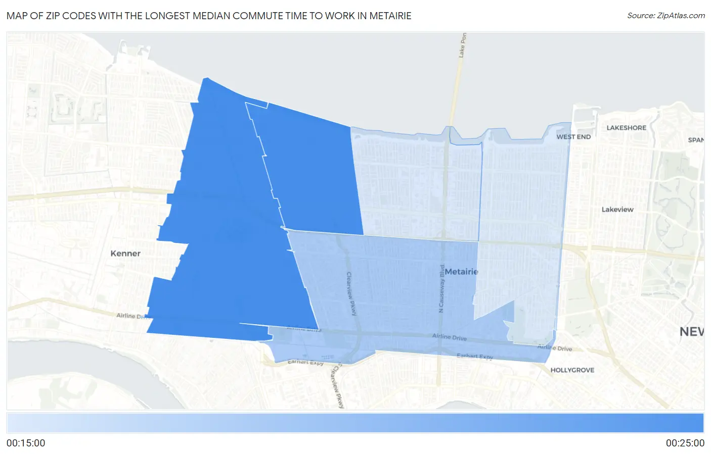 Zip Codes with the Longest Median Commute Time to Work in Metairie Map