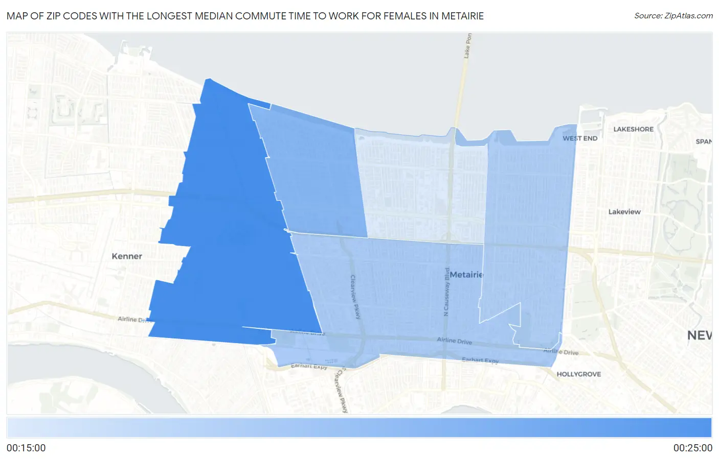 Zip Codes with the Longest Median Commute Time to Work for Females in Metairie Map
