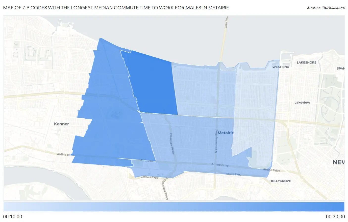 Zip Codes with the Longest Median Commute Time to Work for Males in Metairie Map
