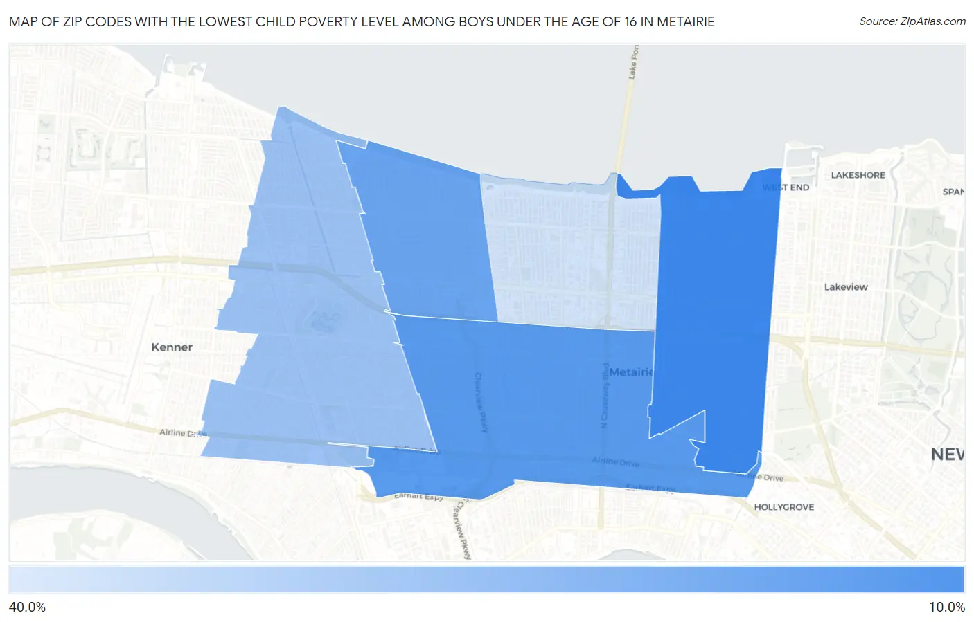 Zip Codes with the Lowest Child Poverty Level Among Boys Under the Age of 16 in Metairie Map