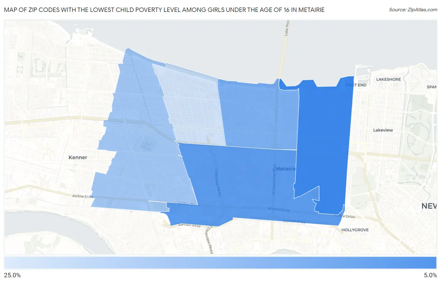 Zip Codes with the Lowest Child Poverty Level Among Girls Under the Age of 16 in Metairie Map