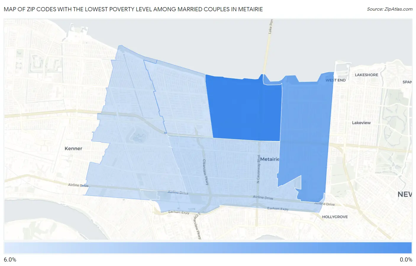Zip Codes with the Lowest Poverty Level Among Married Couples in Metairie Map