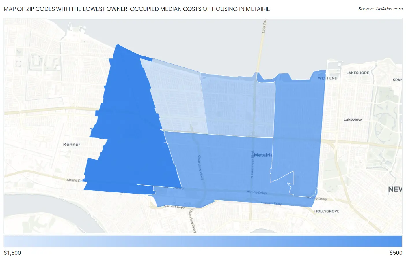 Zip Codes with the Lowest Owner-Occupied Median Costs of Housing in Metairie Map