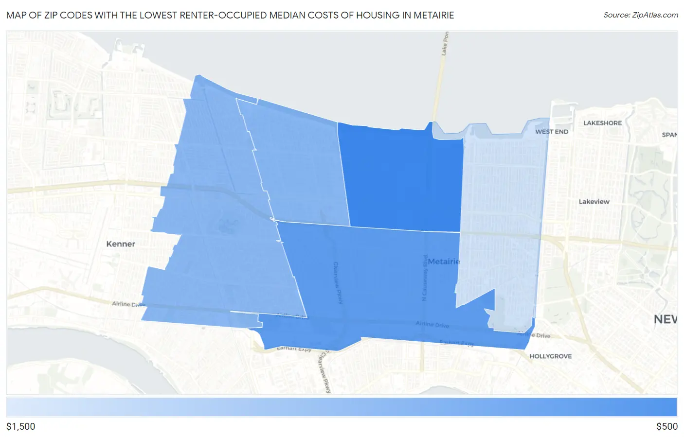 Zip Codes with the Lowest Renter-Occupied Median Costs of Housing in Metairie Map