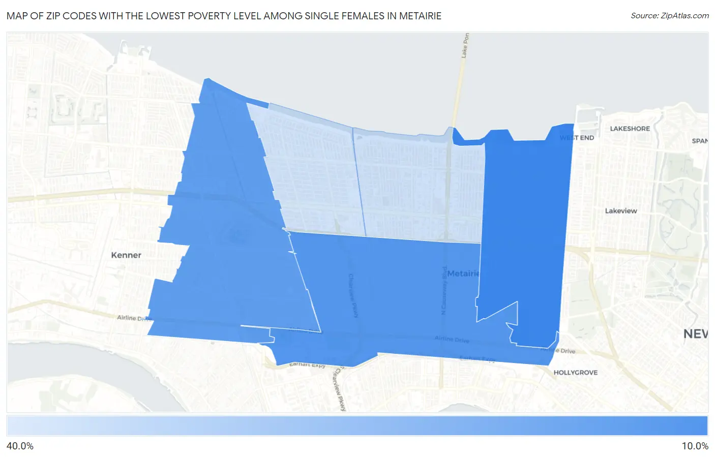 Zip Codes with the Lowest Poverty Level Among Single Females in Metairie Map