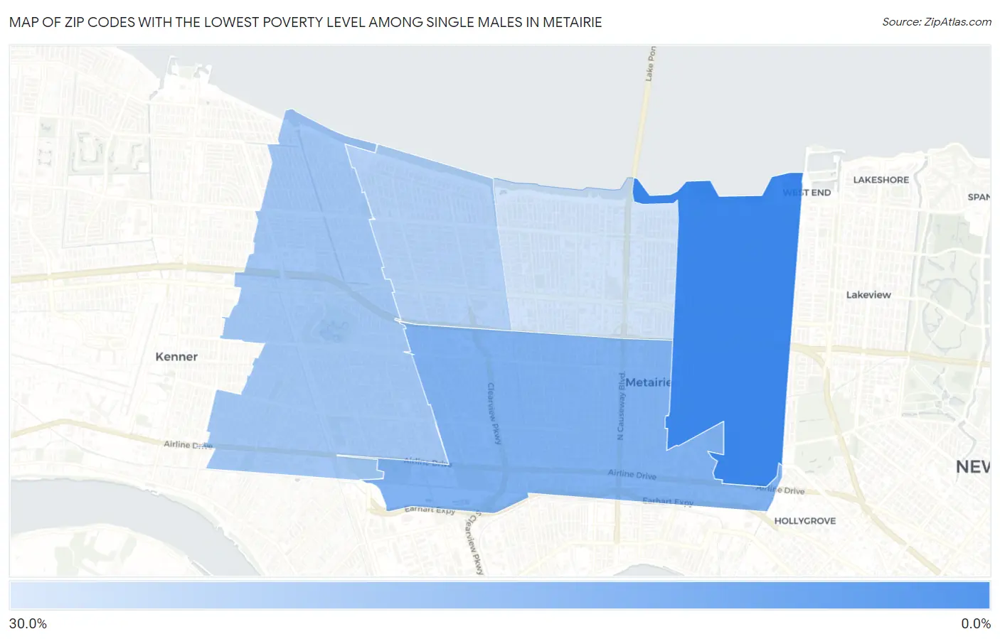 Zip Codes with the Lowest Poverty Level Among Single Males in Metairie Map