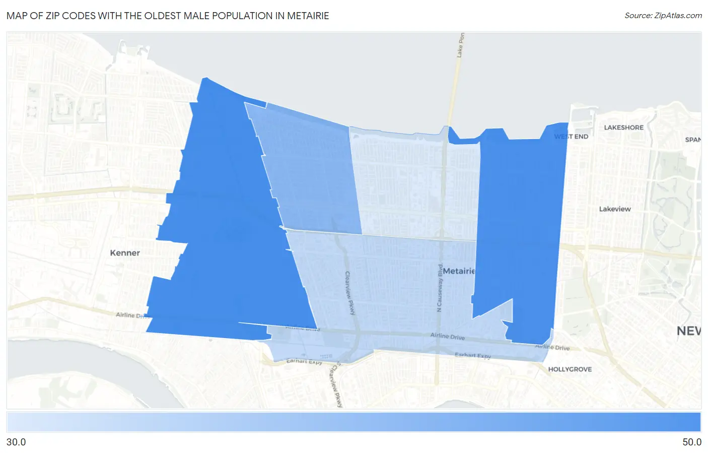 Zip Codes with the Oldest Male Population in Metairie Map
