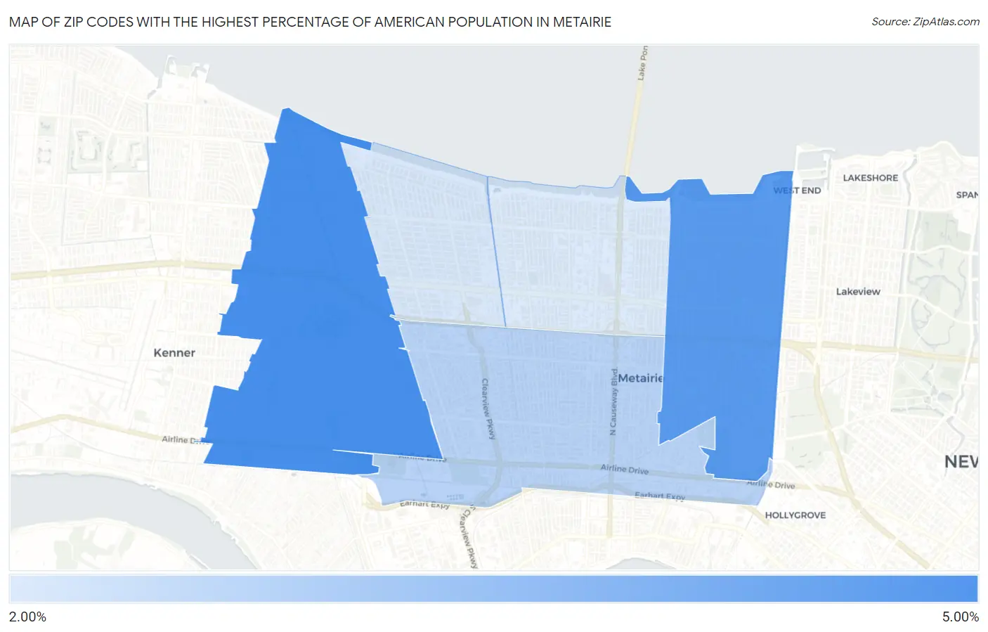 Zip Codes with the Highest Percentage of American Population in Metairie Map