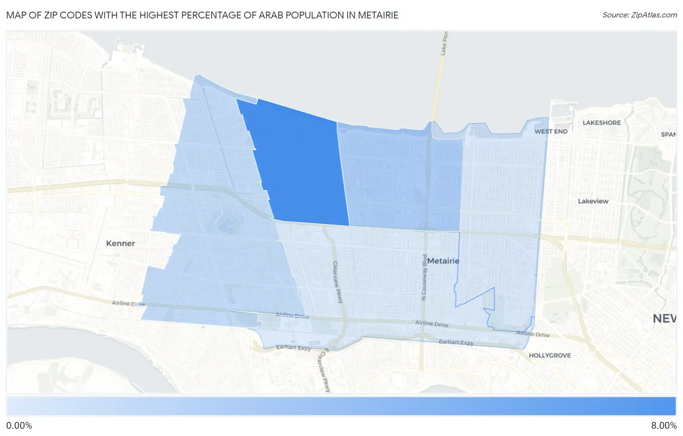 Zip Codes with the Highest Percentage of Arab Population in Metairie Map
