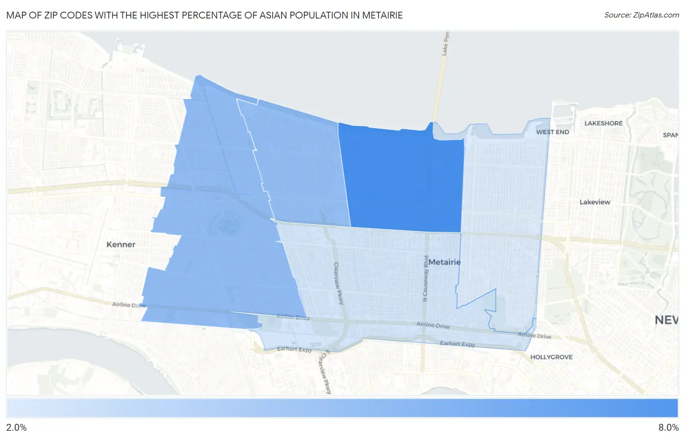 Zip Codes with the Highest Percentage of Asian Population in Metairie Map