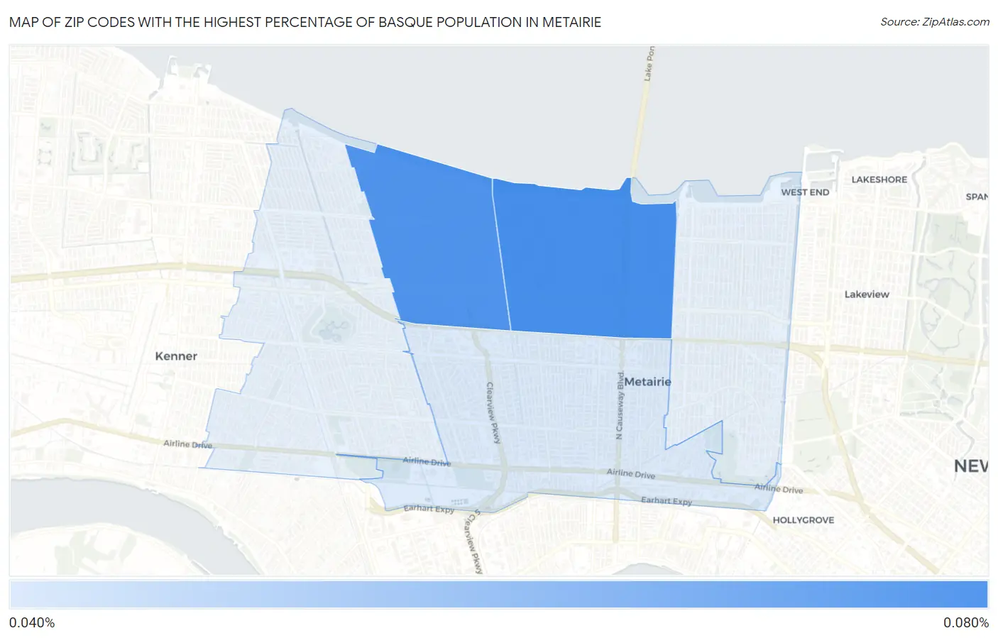 Zip Codes with the Highest Percentage of Basque Population in Metairie Map