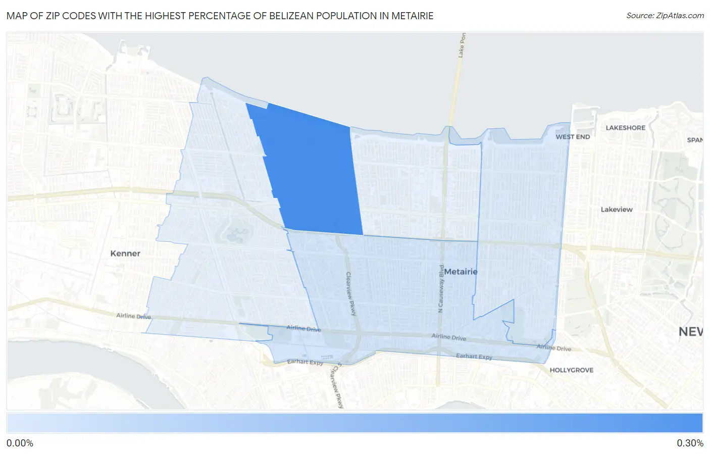 Zip Codes with the Highest Percentage of Belizean Population in Metairie Map
