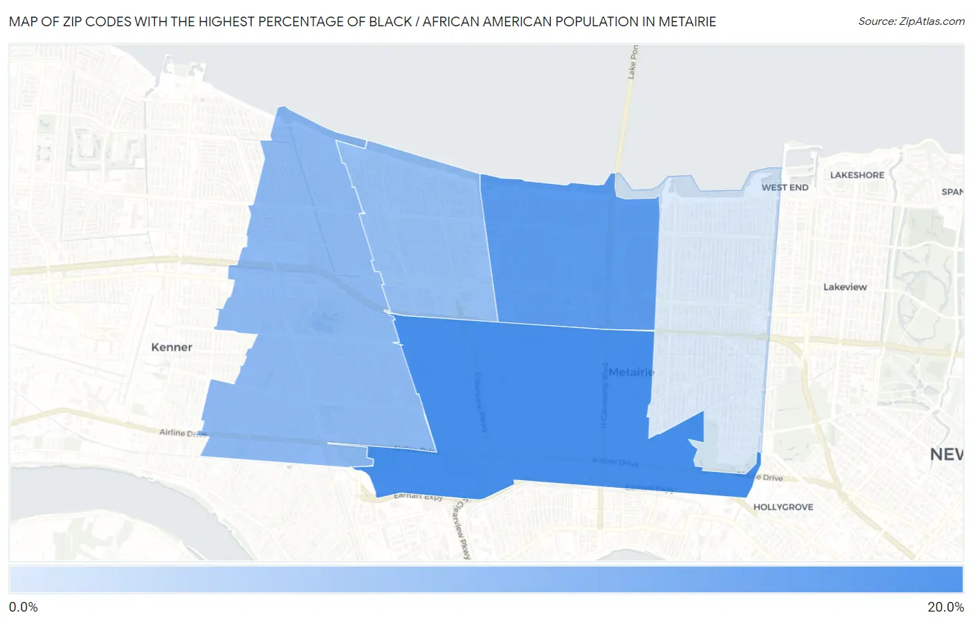 Zip Codes with the Highest Percentage of Black / African American Population in Metairie Map