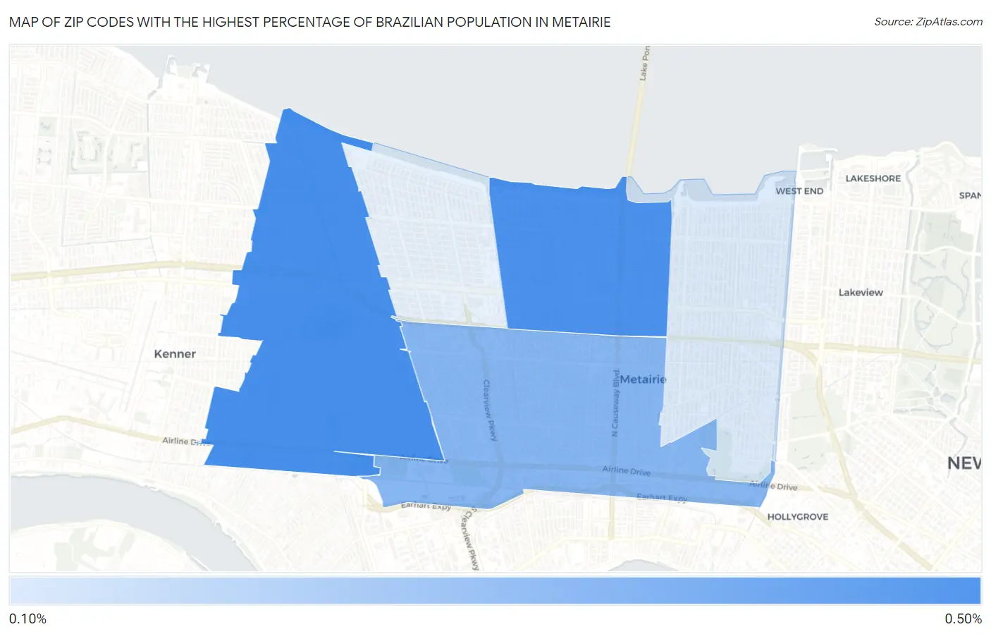 Zip Codes with the Highest Percentage of Brazilian Population in Metairie Map