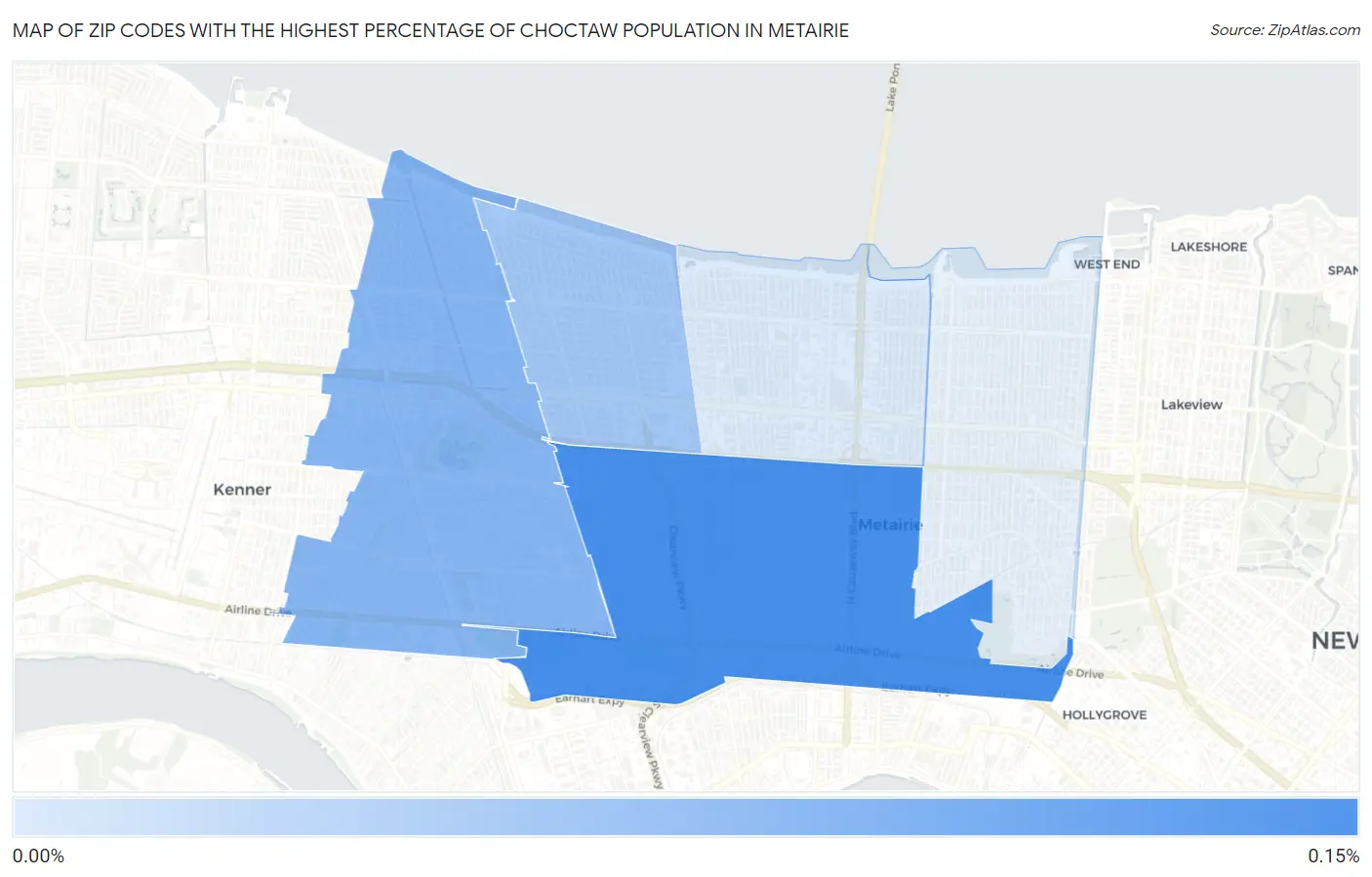 Zip Codes with the Highest Percentage of Choctaw Population in Metairie Map