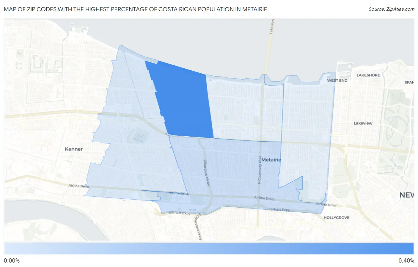 Zip Codes with the Highest Percentage of Costa Rican Population in Metairie Map
