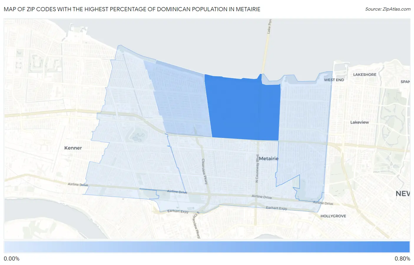 Zip Codes with the Highest Percentage of Dominican Population in Metairie Map