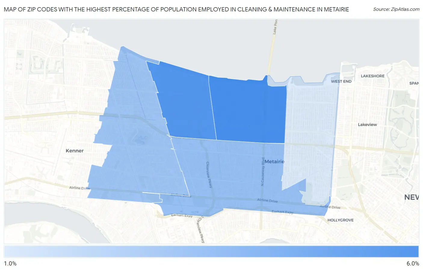 Zip Codes with the Highest Percentage of Population Employed in Cleaning & Maintenance in Metairie Map