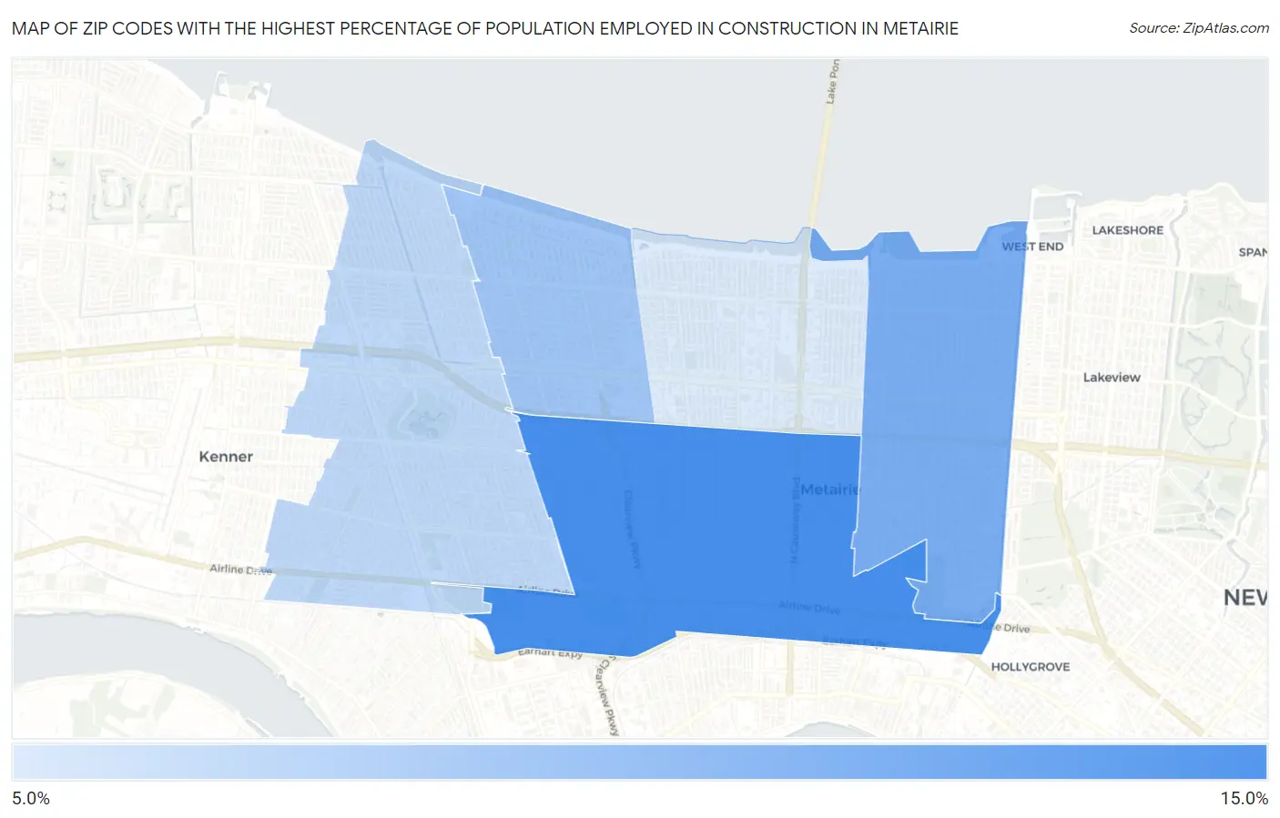 Zip Codes with the Highest Percentage of Population Employed in Construction in Metairie Map