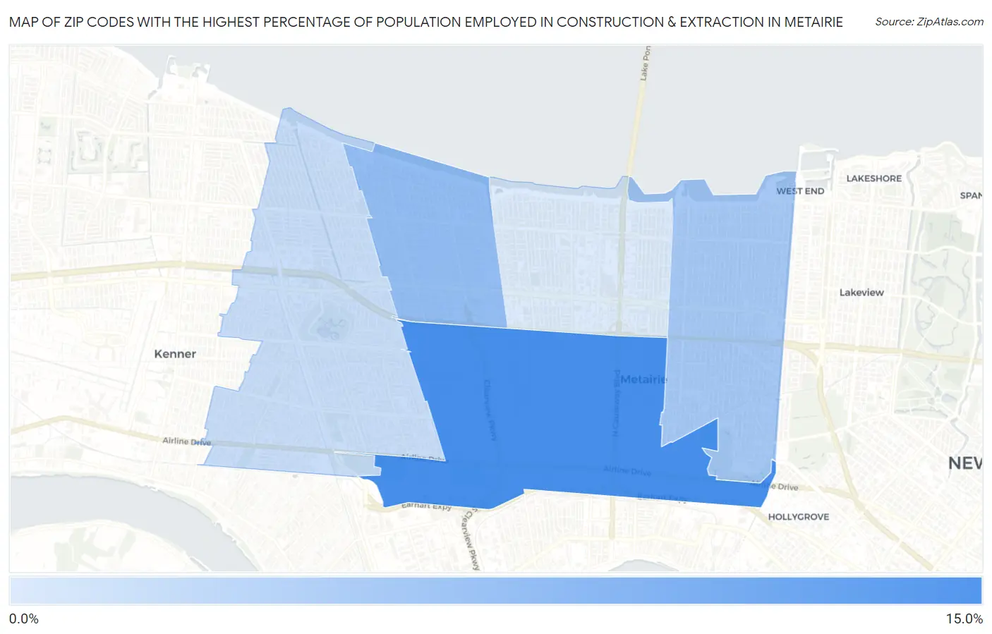 Zip Codes with the Highest Percentage of Population Employed in Construction & Extraction in Metairie Map