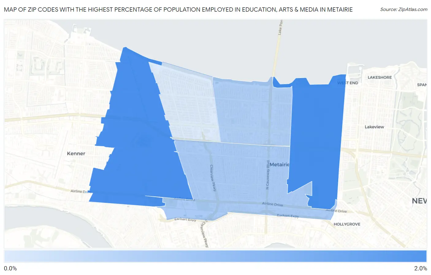 Zip Codes with the Highest Percentage of Population Employed in Education, Arts & Media in Metairie Map