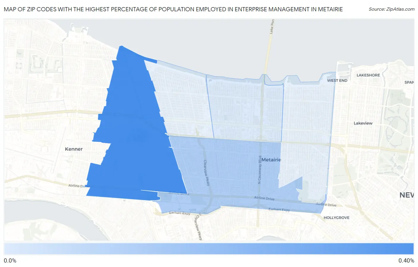 Zip Codes with the Highest Percentage of Population Employed in Enterprise Management in Metairie Map